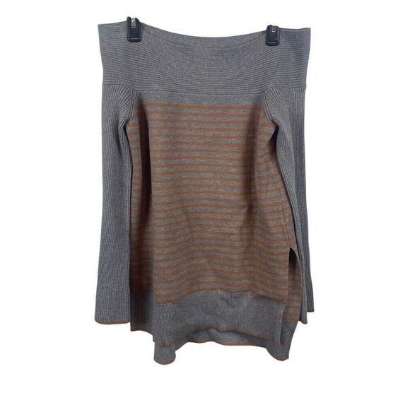 By Anthropologie Gray Tan Off the Shoulder Thick Knit Striped Sweater Size Small - Picture 2 of 8